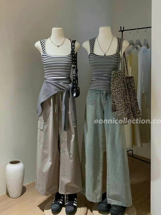 #1022 Striped Square Neck Sleeveless Camisole with Wide Straps - Grey