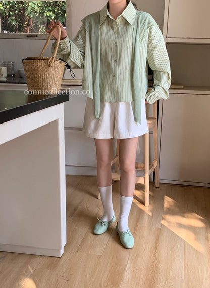 #1027 Oversized Long-Sleeve Striped Shirt & Shawl Set - Green