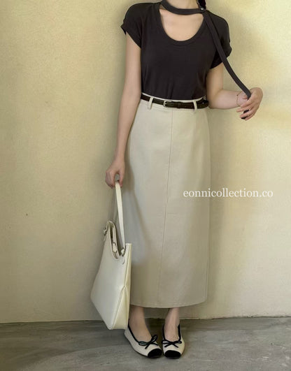 #3007 Straight-Line Washed Cotton Maxi Skirt w/ Belt - Apricot Beige