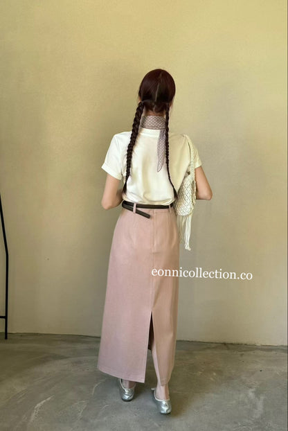 #3007 Straight-Line Washed Cotton Maxi Skirt w/ Belt - Pink