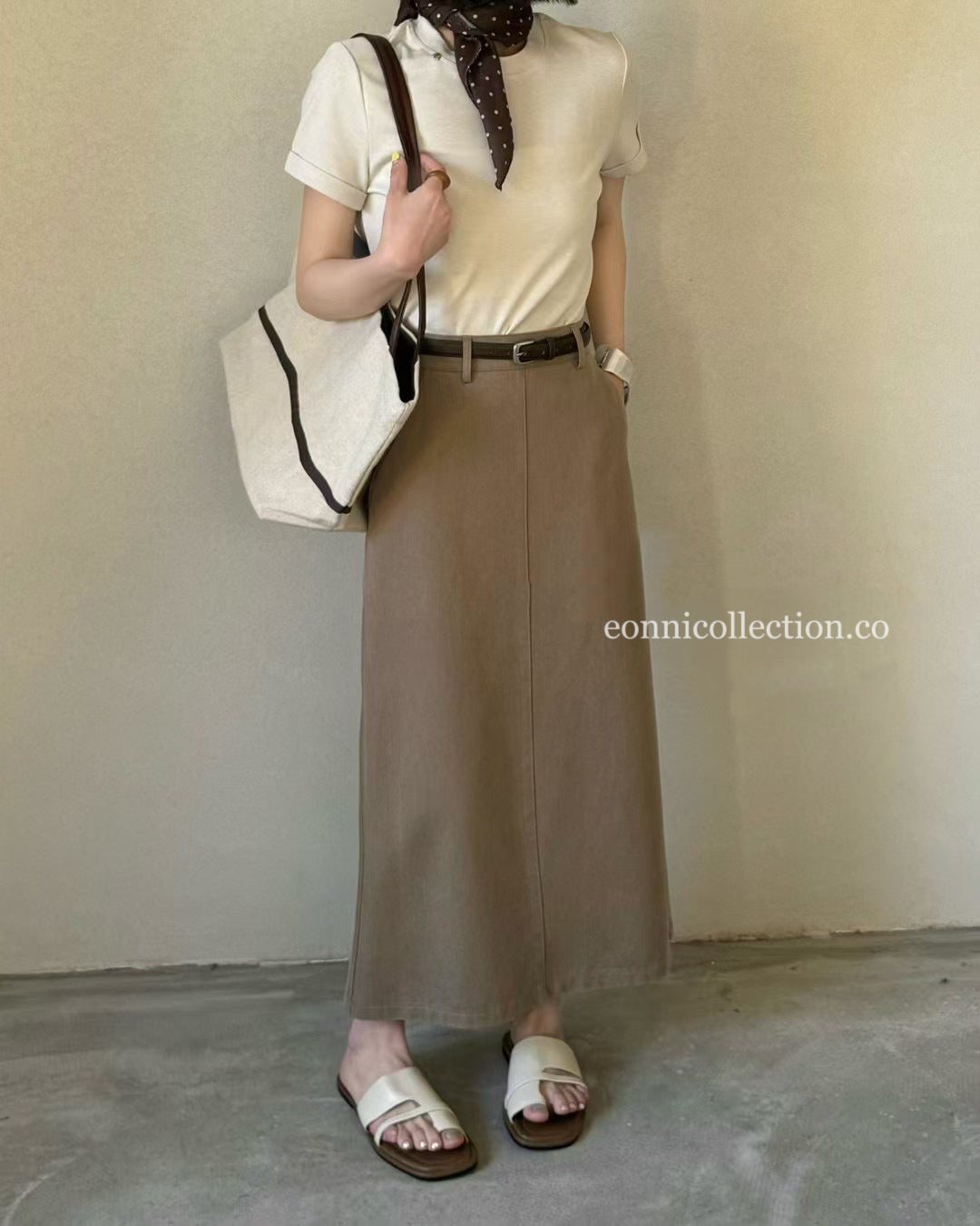 #3007 Straight-Line Washed Cotton Maxi Skirt w/ Belt - Khaki