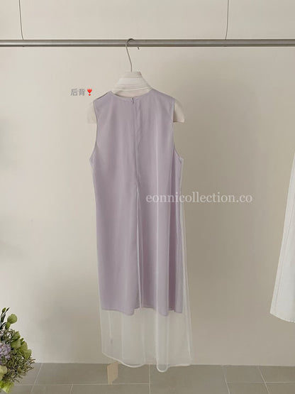 #1030 Sleeveless Sheer Mesh Dress w/  Scarf - Light Purple