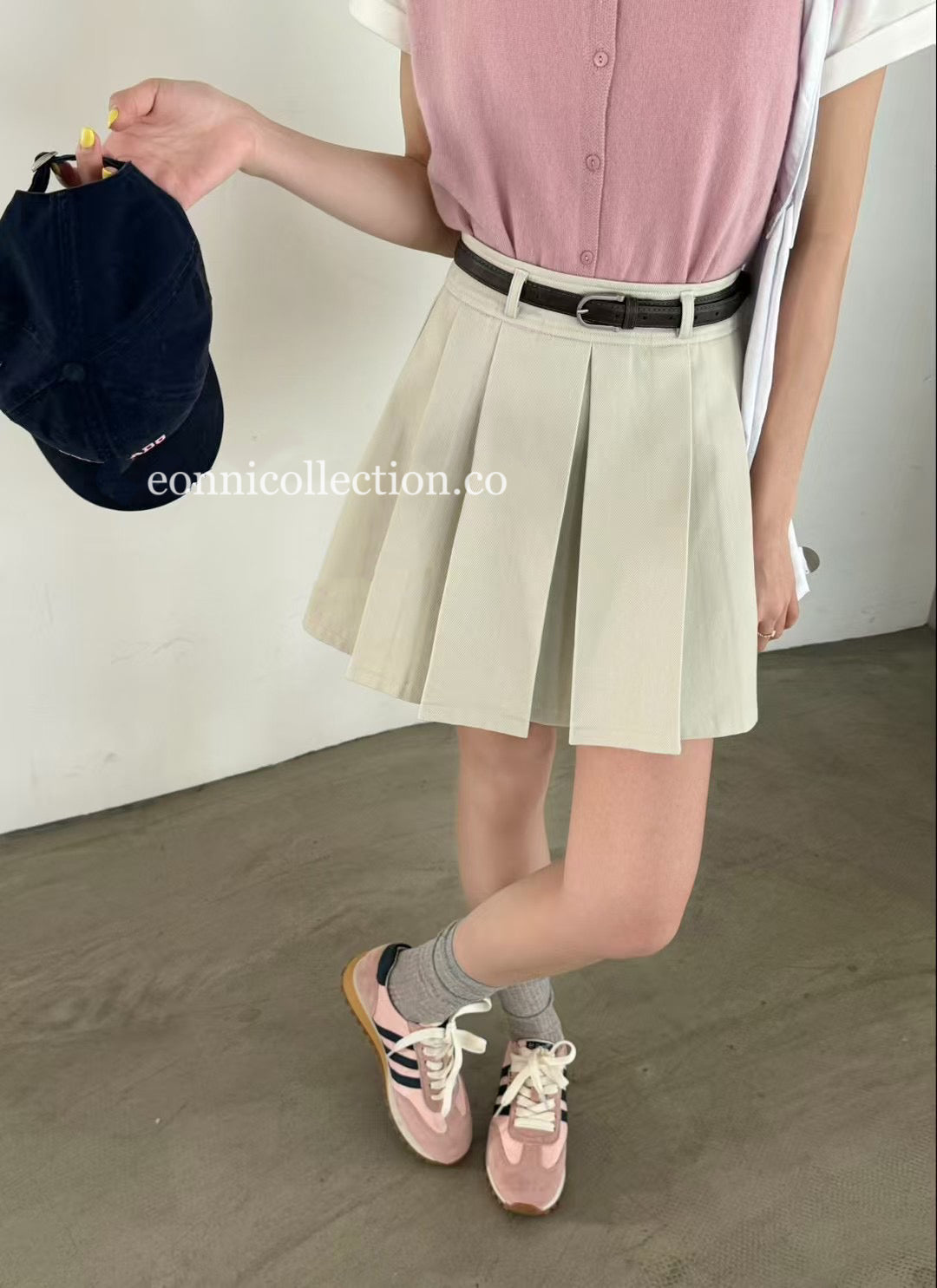 #3008 Washed Cotton Pleated  Skirt w/ Belt - Apricot Beige