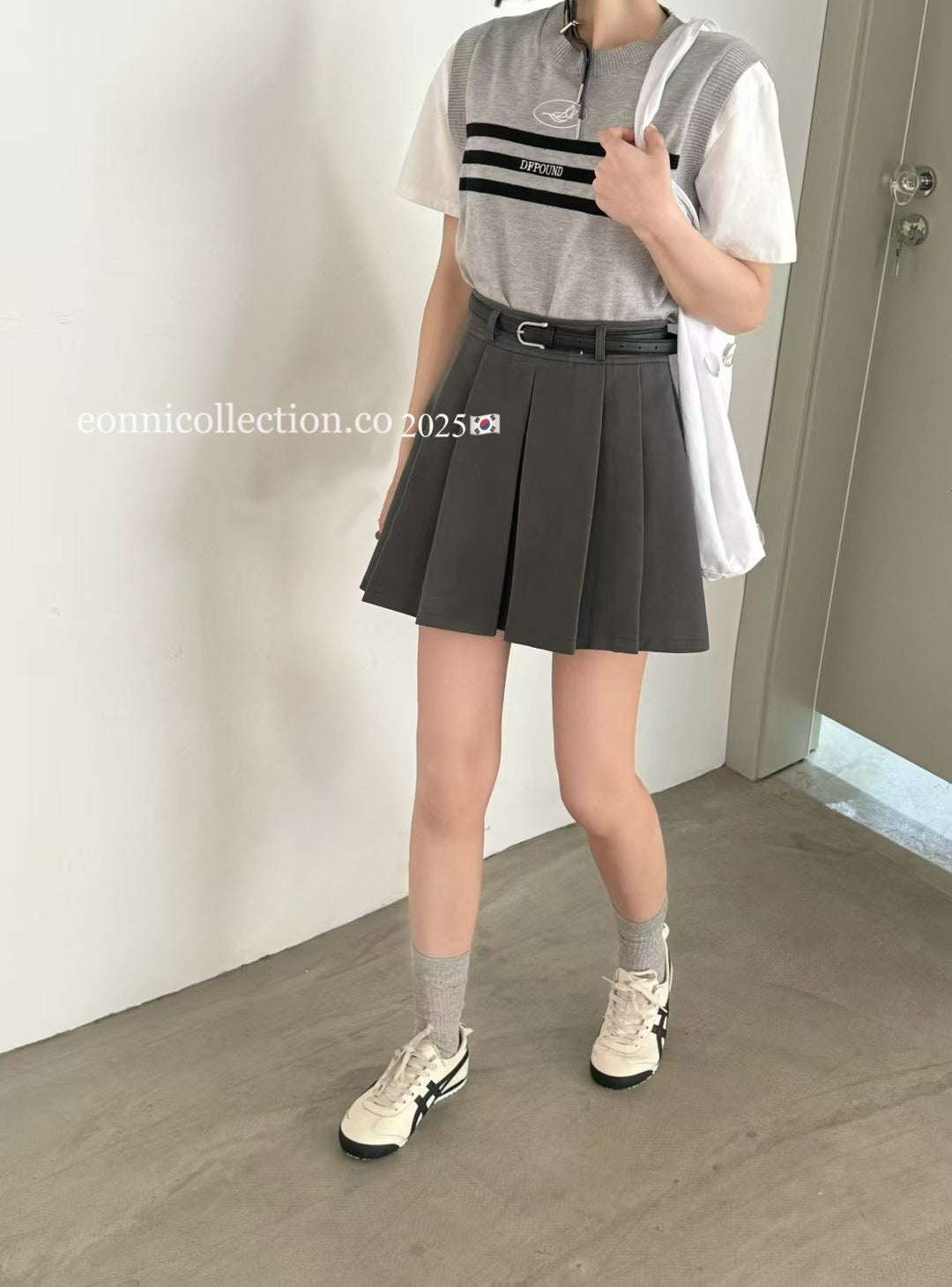 #3008 Washed Cotton Pleated  Skirt w/ Belt - Starry Sky Grey