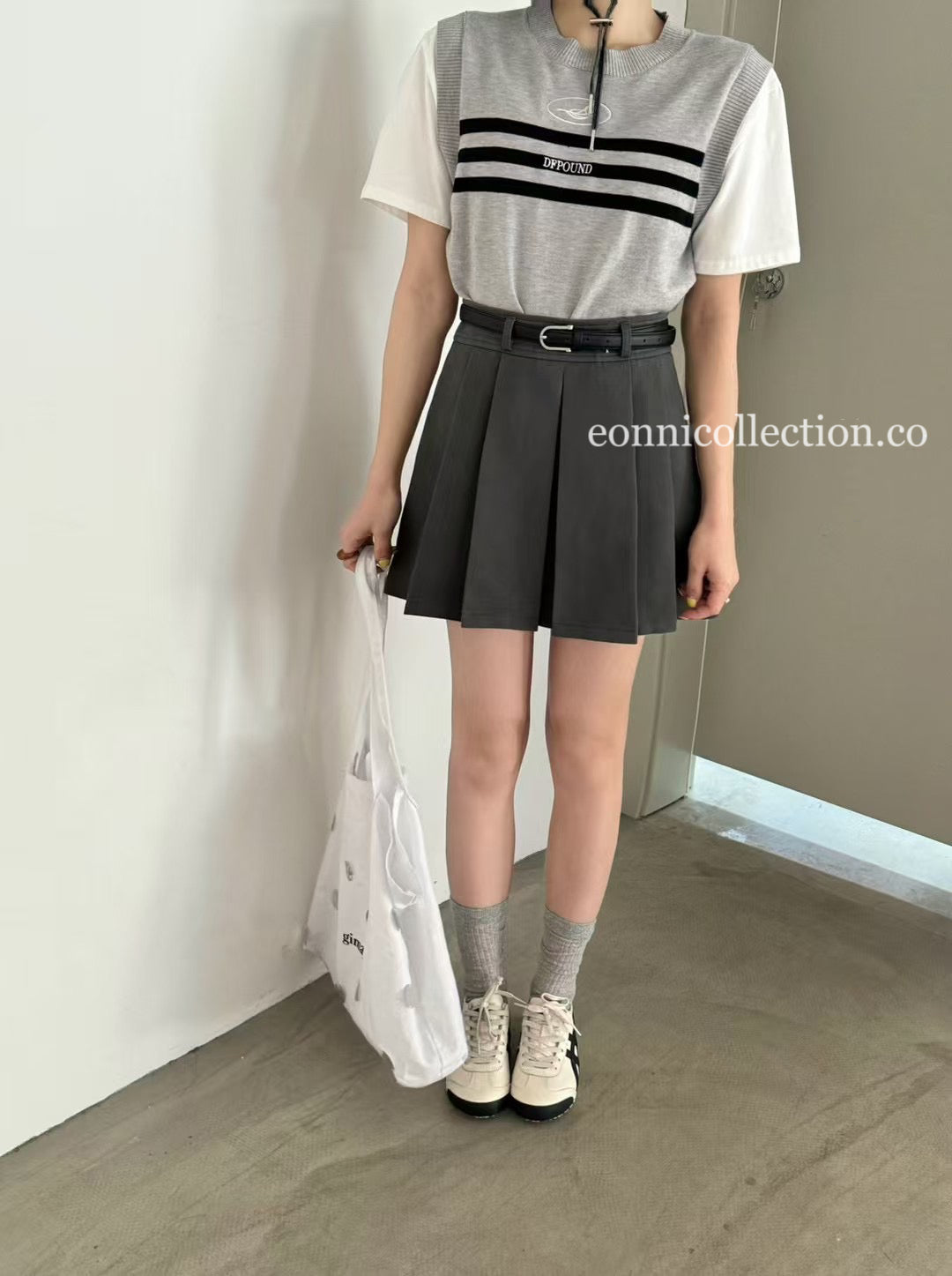 #3008 Washed Cotton Pleated  Skirt w/ Belt - Starry Sky Grey