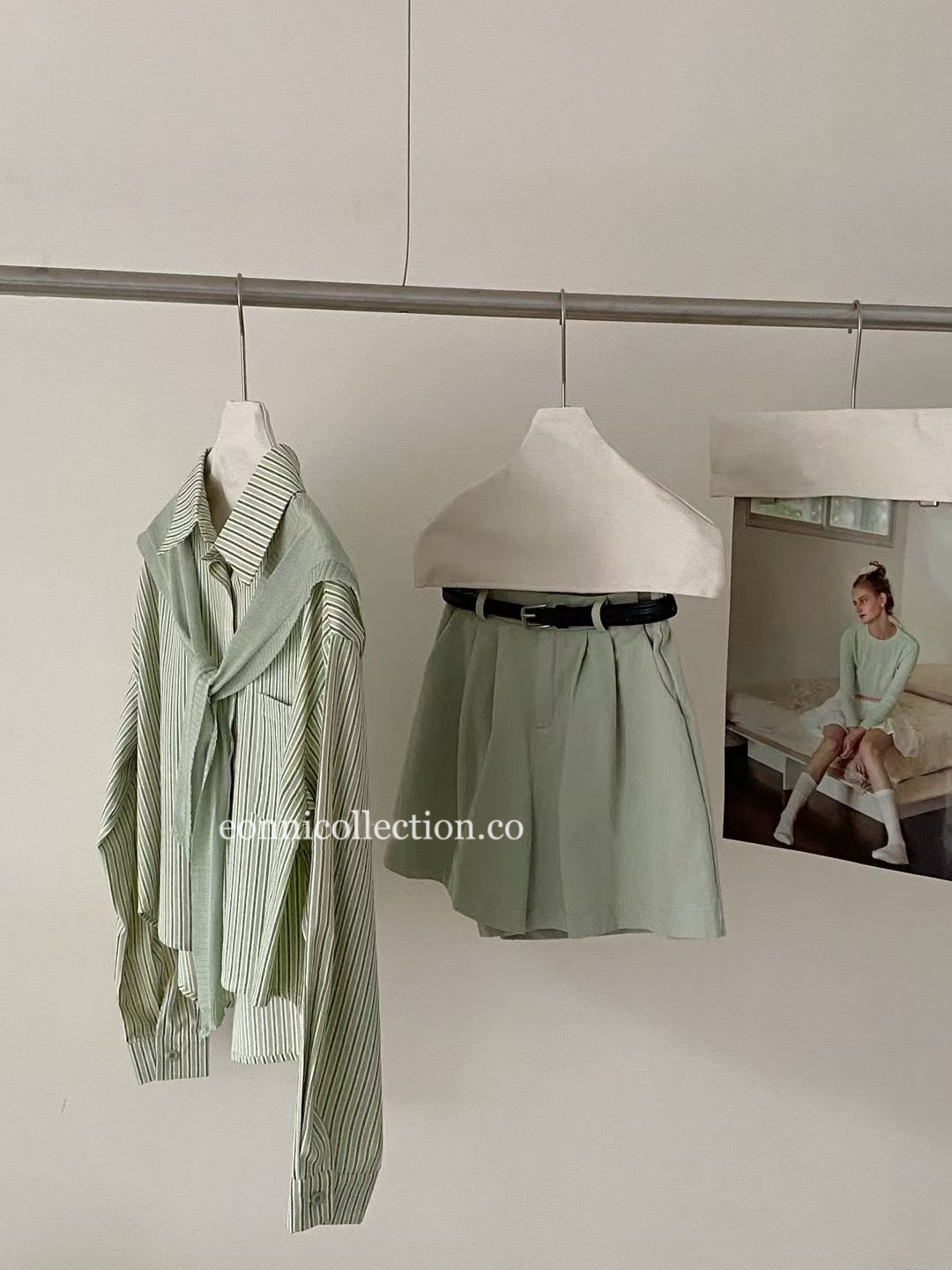 #1027 Oversized Long-Sleeve Striped Shirt & Shawl Set - Green