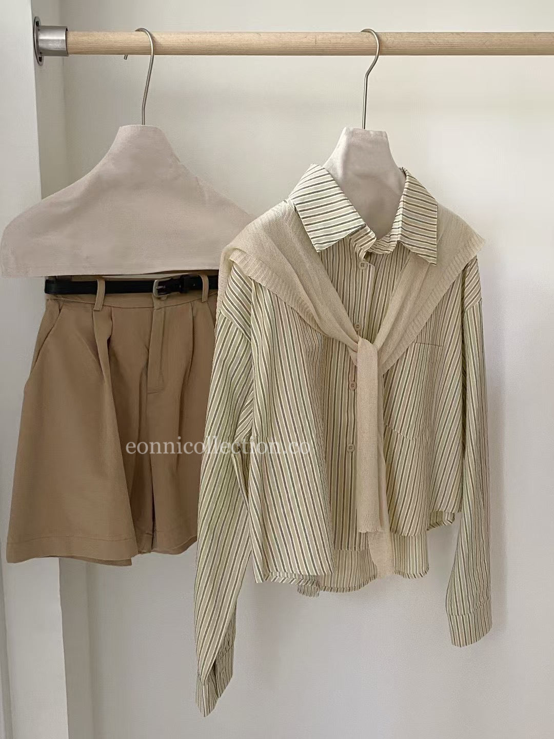 #1027 Oversized Long-Sleeve Striped Shirt & Shawl Set - Yellow