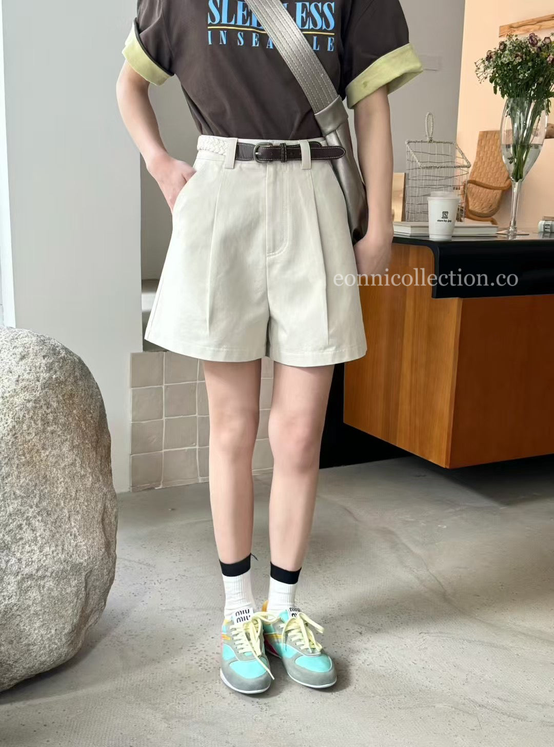 #3009 Washed Cotton Shorts w/ Woven Waistband - Beige