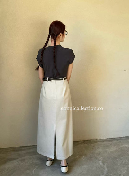 #3007 Straight-Line Washed Cotton Maxi Skirt w/ Belt - Apricot Beige