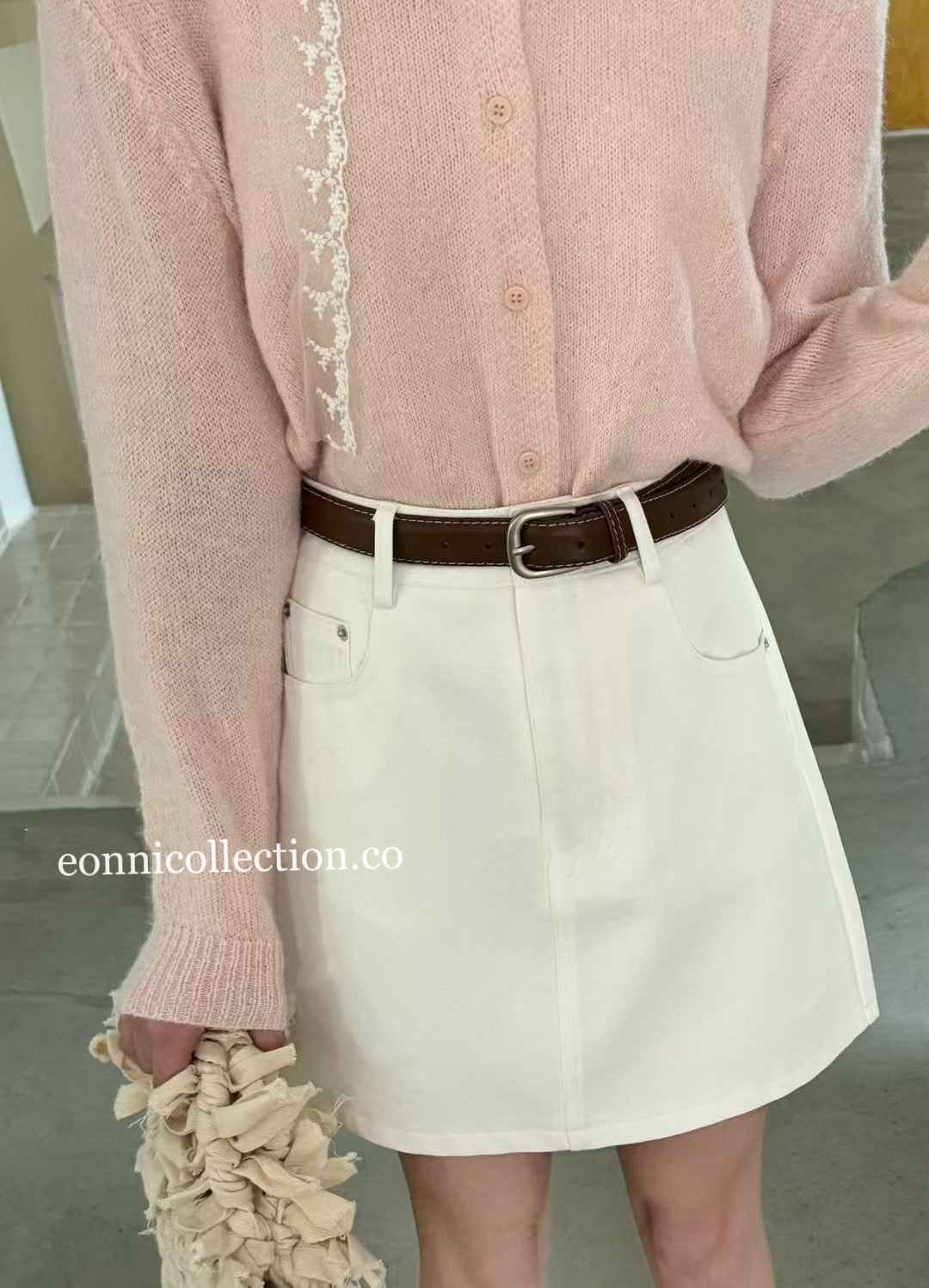 #3012 A-Line Washed Cotton Skirt w/ Belt - White