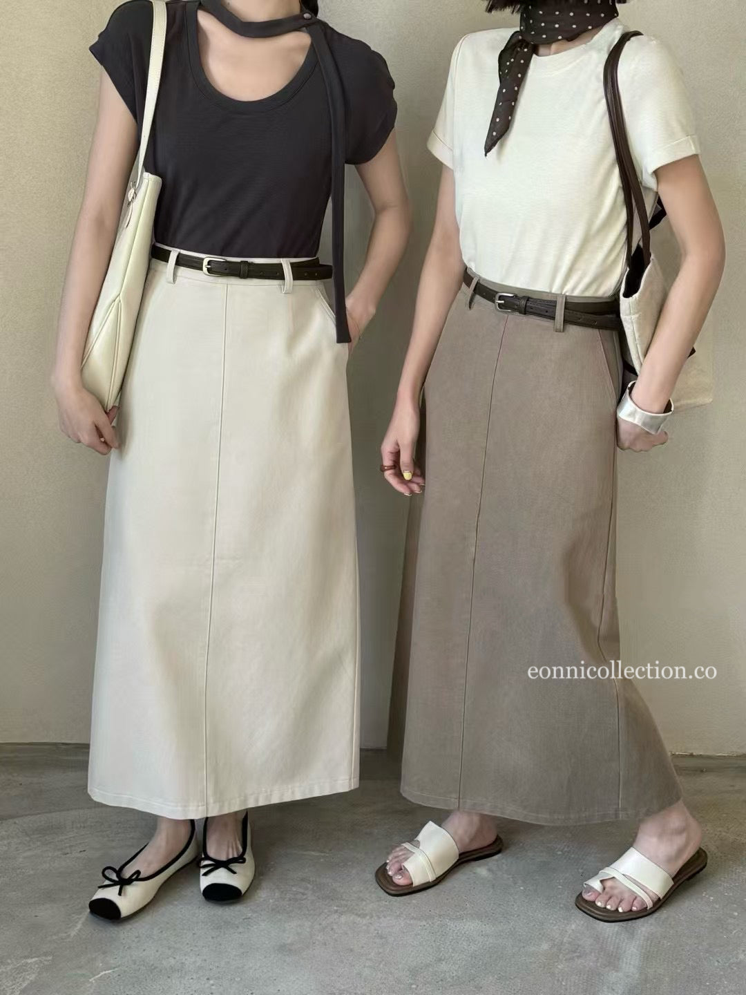 #3007 Straight-Line Washed Cotton Maxi Skirt w/ Belt - Apricot Beige