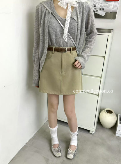 #3012 A-Line Washed Cotton Skirt w/ Belt - Light Khaki