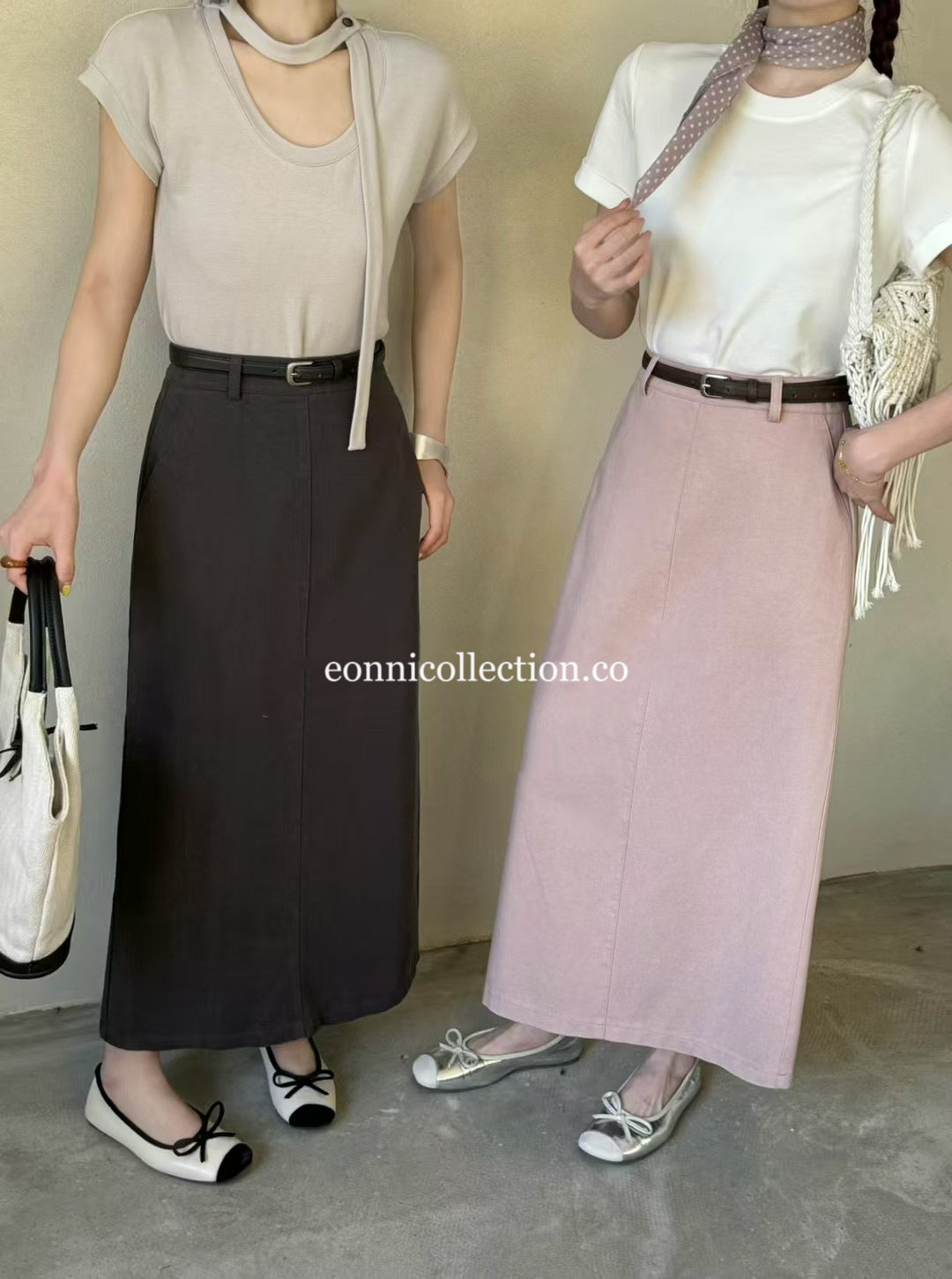 #3007 Straight-Line Washed Cotton Maxi Skirt w/ Belt - Pink