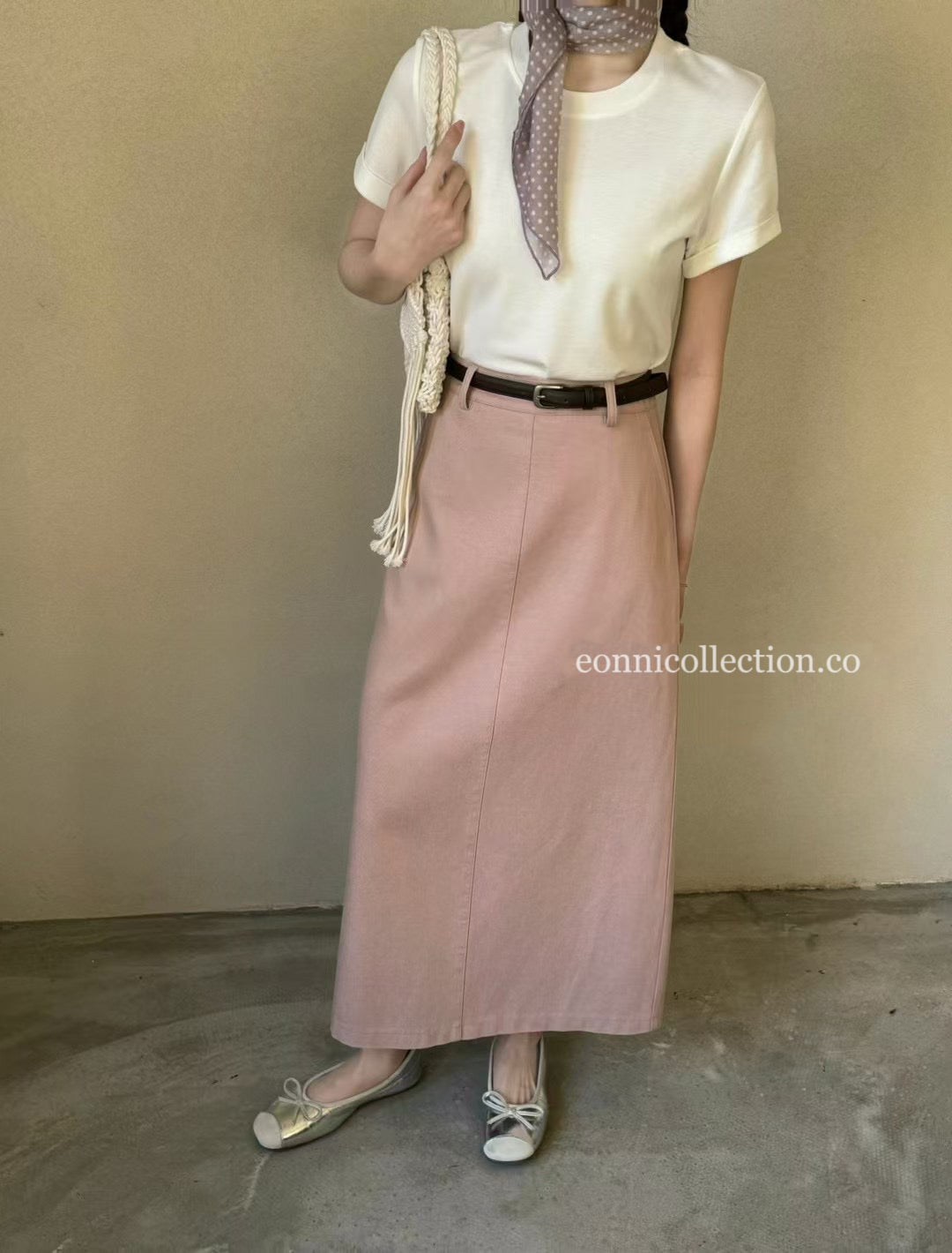 #3007 Straight-Line Washed Cotton Maxi Skirt w/ Belt - Pink