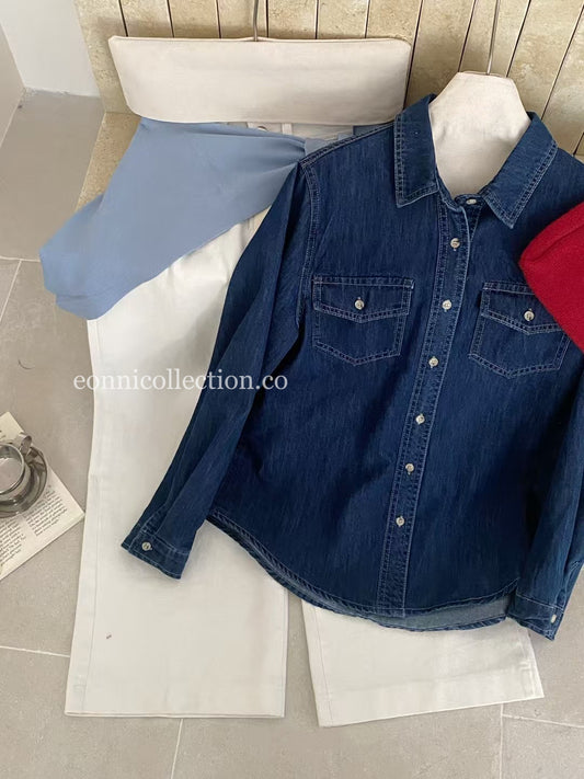 #1026 Long Sleeve Denim Shirt - Dark Blue