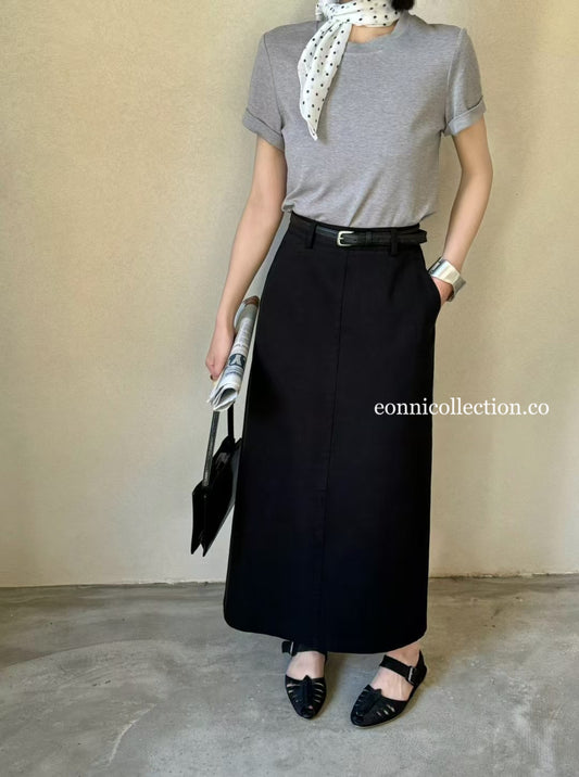 #3007 Straight-Line Washed Cotton Maxi Skirt w/ Belt - Black