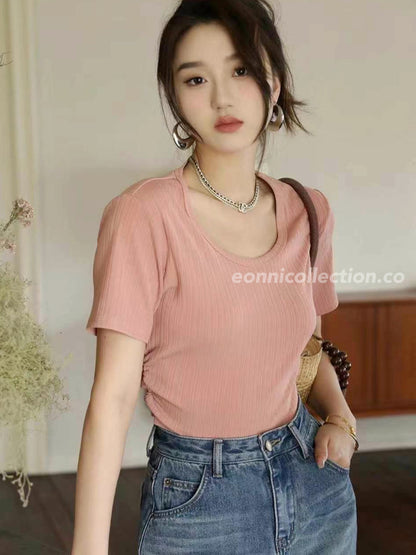 #1023 Ribbed Oversized Crew Neck T-Shirt - Pink