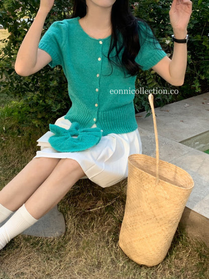 #1025 Korean-Style Knit Short-Sleeve Top With Matching Hair Tie - Green