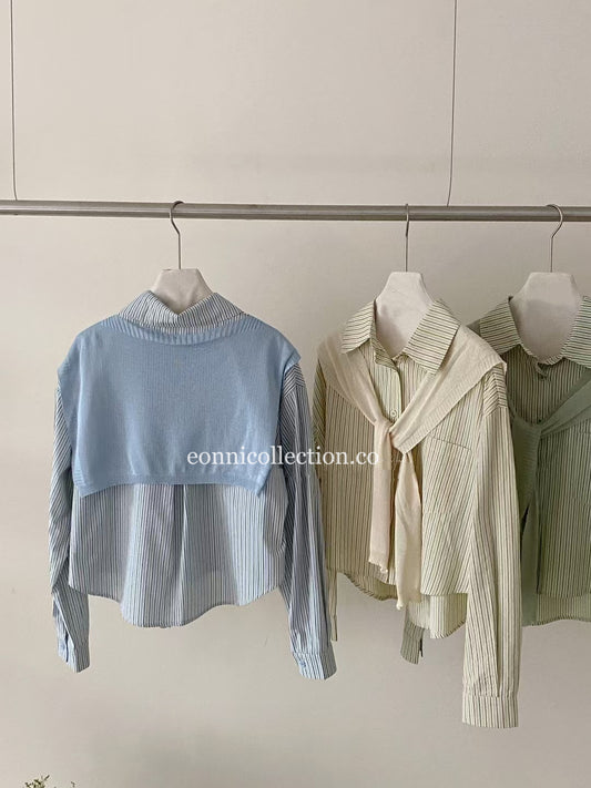 #1027 Oversized Long-Sleeve Striped Shirt & Shawl Set - Blue