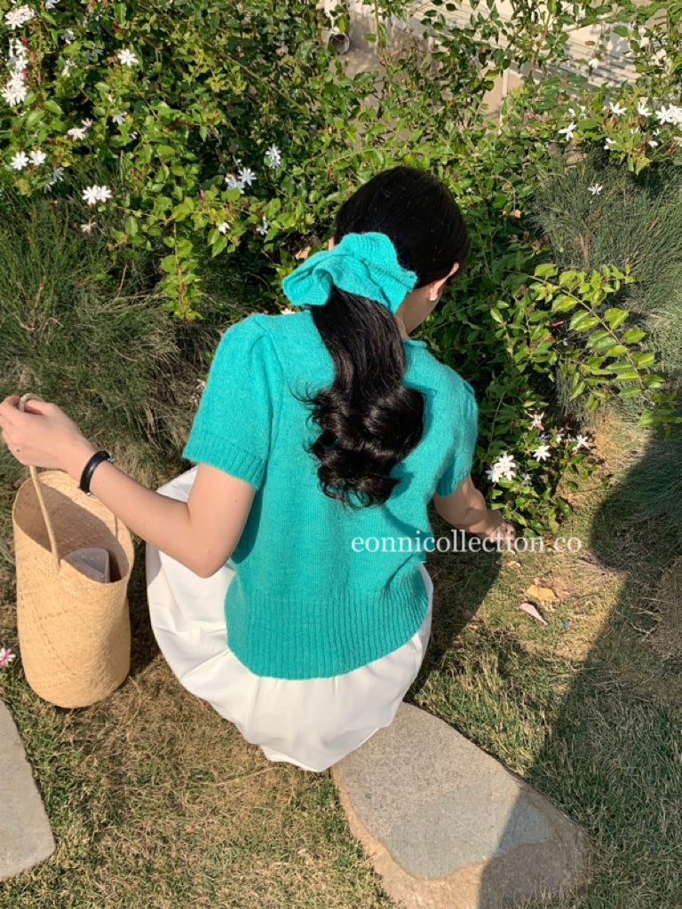 #1025 Korean-Style Knit Short-Sleeve Top With Matching Hair Tie - Green